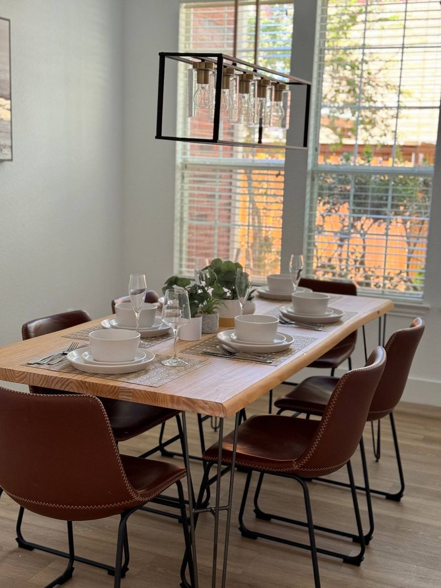 Dining area with pendant lighting